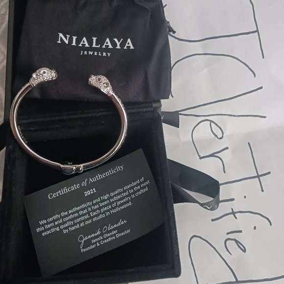 Nialaya Jewerly  cuff Men's Silver CZ Panther Bangle - L (18cm / 7.1") / Silver - Picture 1 of 1